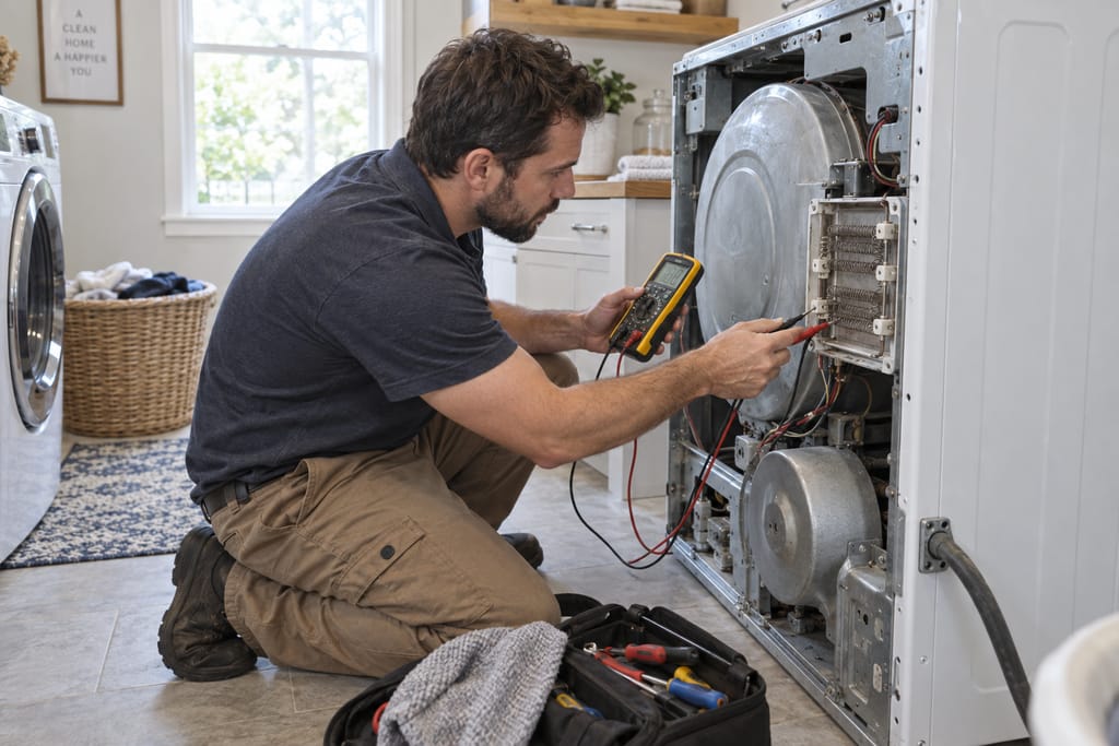 Technician checking a dryer heating element with a multimeter