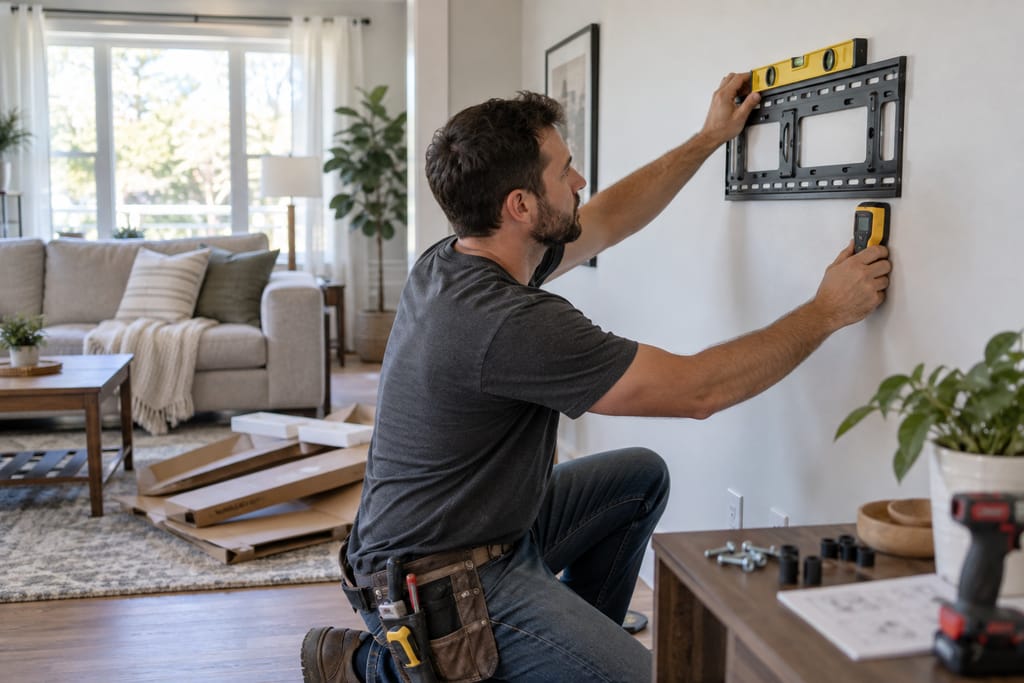 Mounting a TV bracket with a level and stud finder