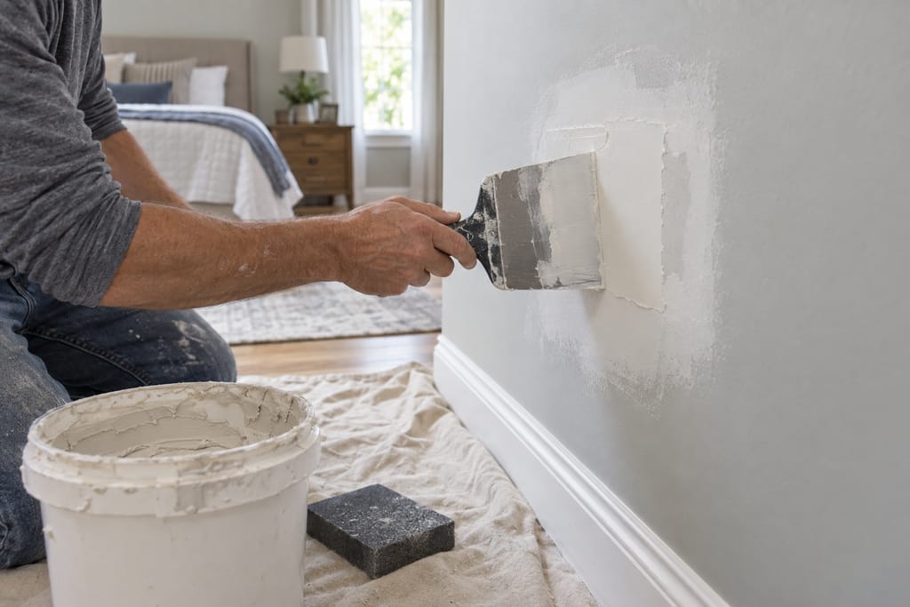 Hands feathering joint compound over a drywall patch with a wide taping knife