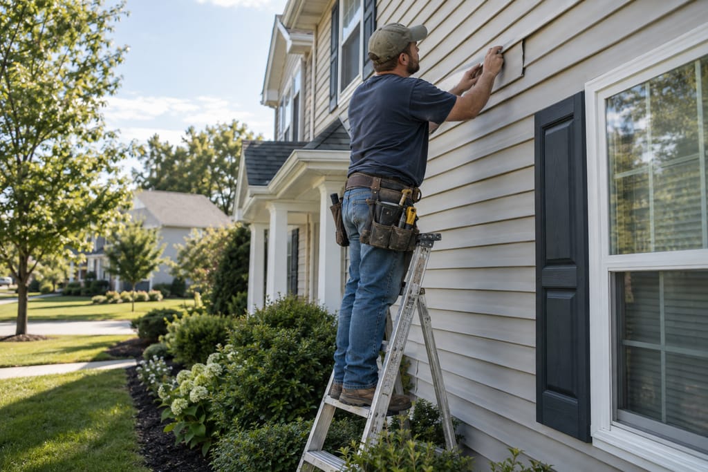 Technician on a ladder re-securing vinyl siding