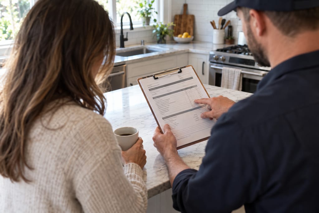 Homeowner and technician reviewing an itemized repair estimate on a clipboard