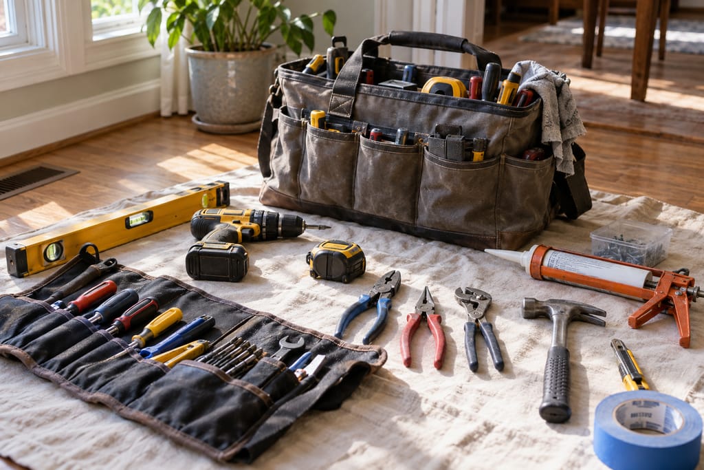 Tool bag and tool roll laid out on a drop cloth